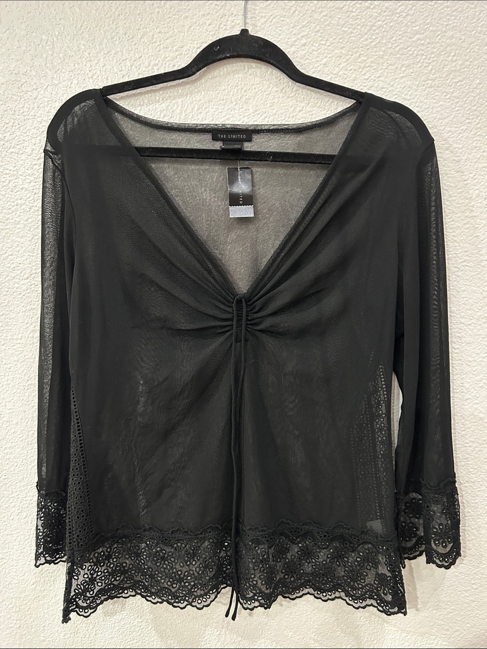 The Limited Black Sheer Lace-Hem Tie Front Blouse